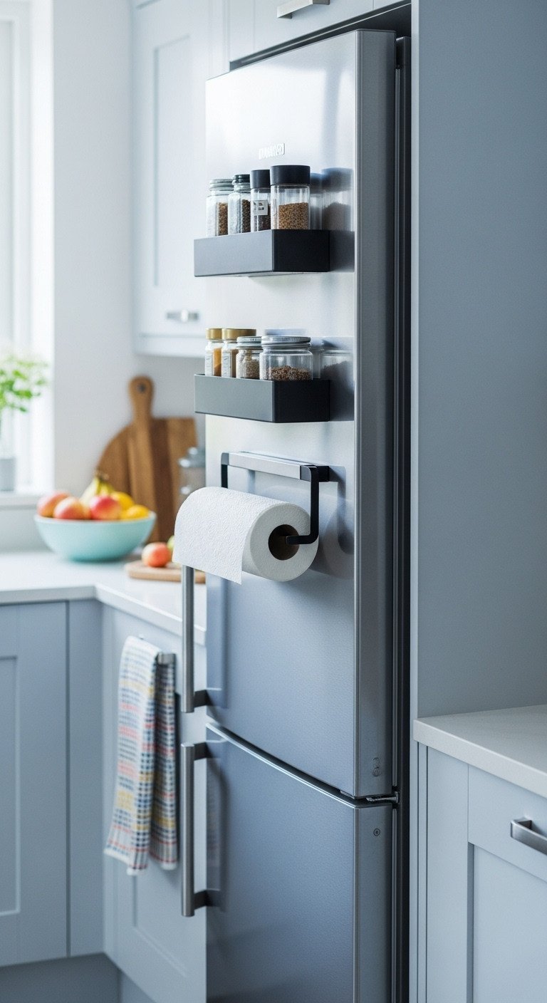 Brilliant Uk Apartment Kitchen Ideas For Renters And Small Spaces 16 Efficient UK kitchen with silver refrigerator, black magnetic spice rack, minimalist jars, and paper towel holder.