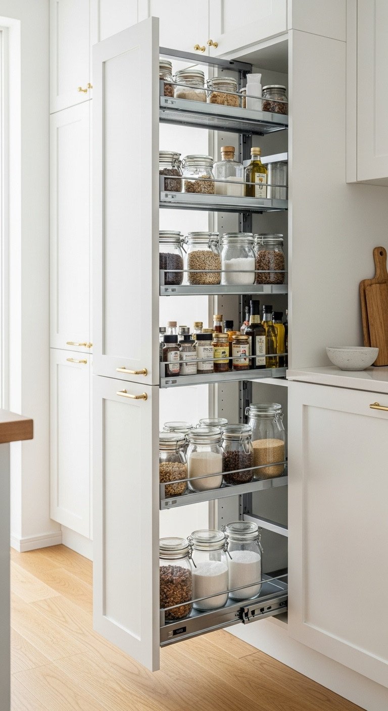 Efficient pull out cabinet system with wireframe drawers organized with jars of grains spices and oils