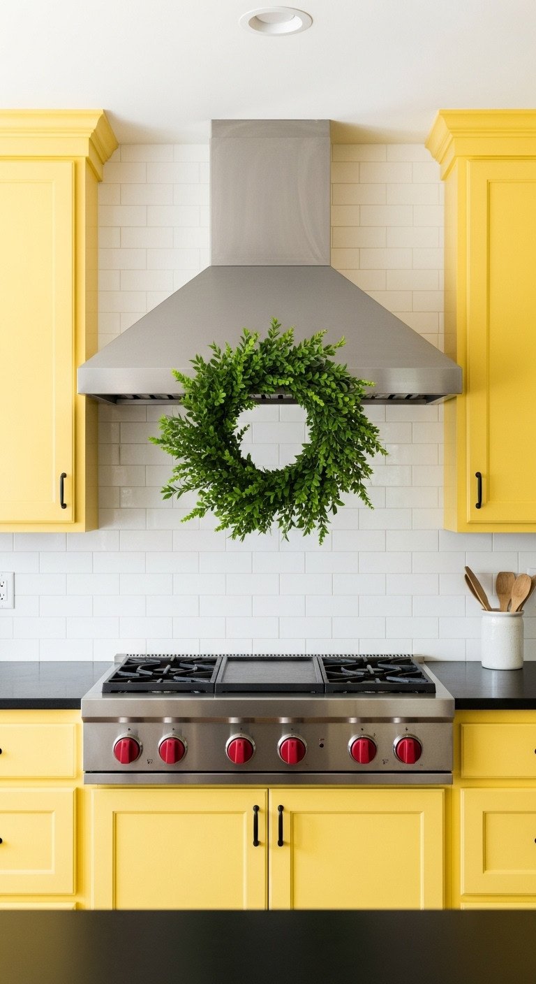 Egg yolk yellow kitchen with a simple green wreath on the range hood for Christmas decor