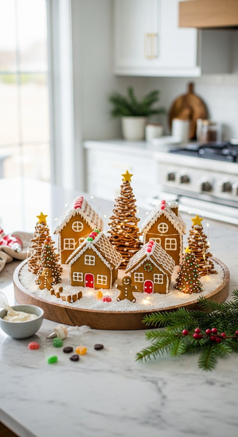 Elaborate gingerbread village centerpiece. Decorated houses, pretzel trees, tiny figures, and powdered sugar snow on a rustic tray.