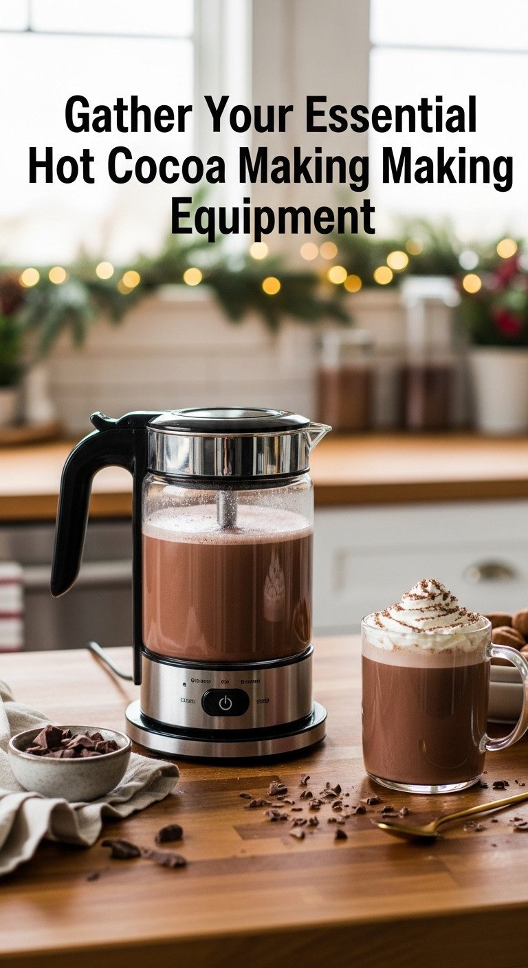 Electric hot chocolate maker on a butcher block counter with a mug of hot cocoa