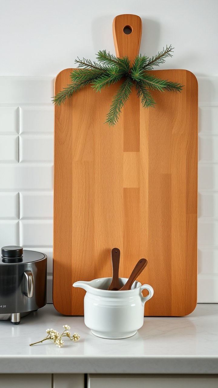 Elegant Christmas centerpiece: flameless candles, eucalyptus, frosted cranberries on white stand on quartz island.