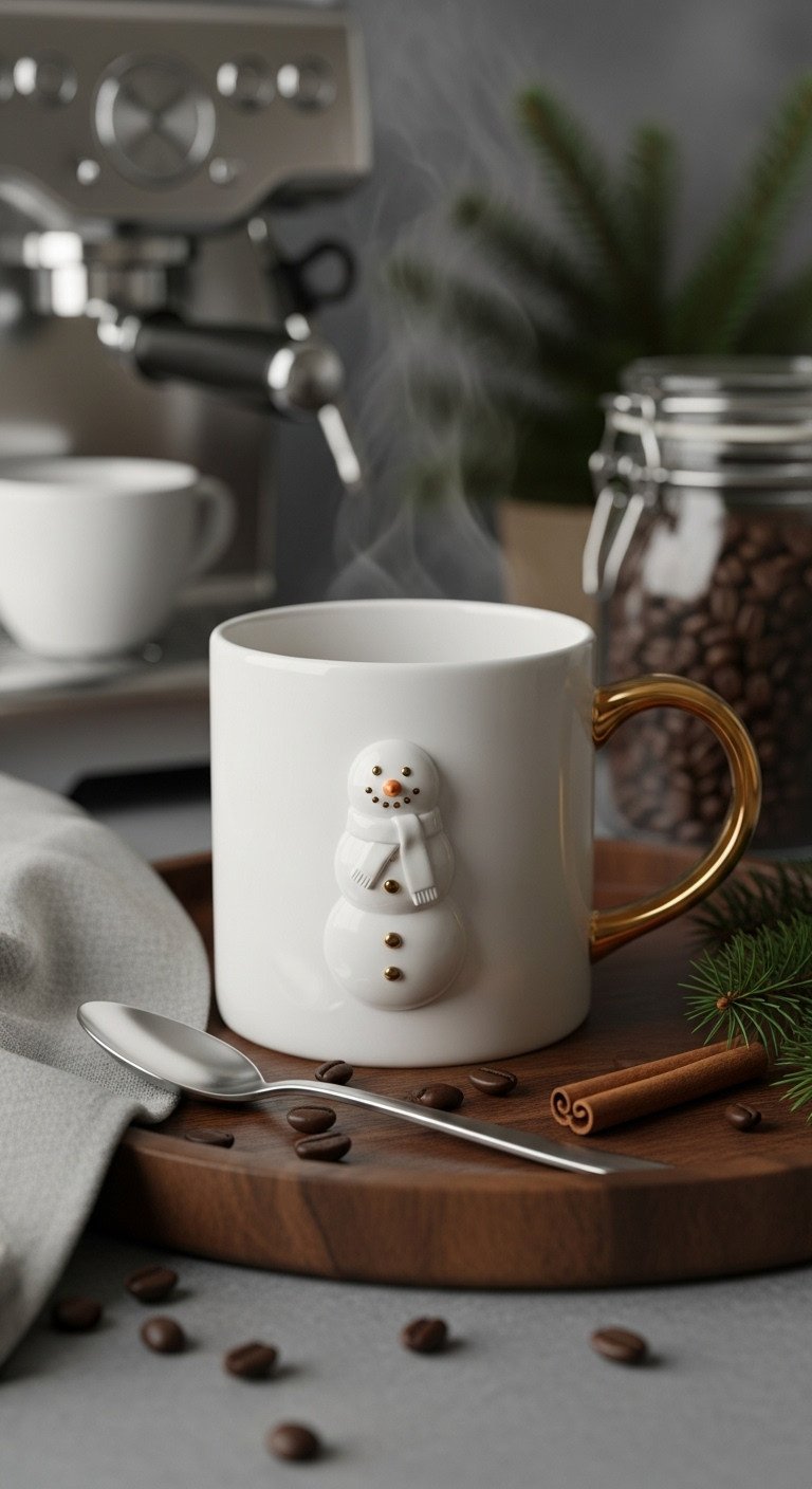 Elegant Christmas coffee station with a white ceramic mug featuring a 3D snowman and gold handle on a dark wood tray