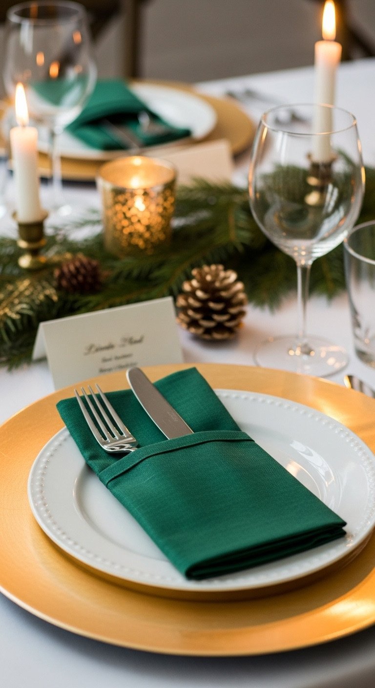 Elegant Christmas dinner table with beautifully folded forest green linen napkin holding ornate silver cutlery