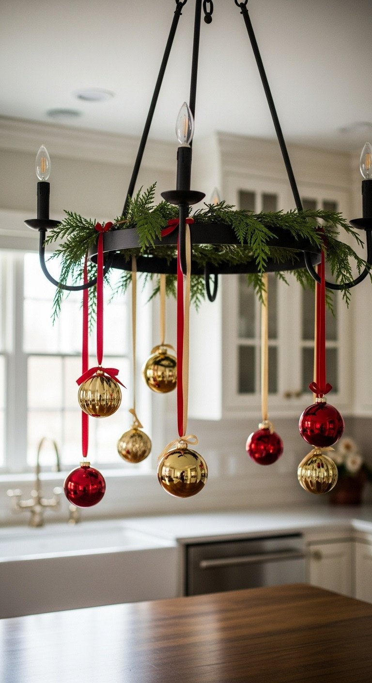 Elegant Christmas kitchen chandelier ornaments gold red glass velvet ribbons black iron cedar branches golden hour bokeh