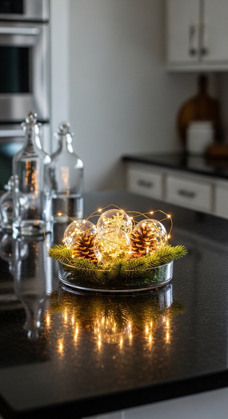 Elegant Christmas kitchen island decor: warm fairy lights, pinecones, glass ornaments on sleek dark granite.