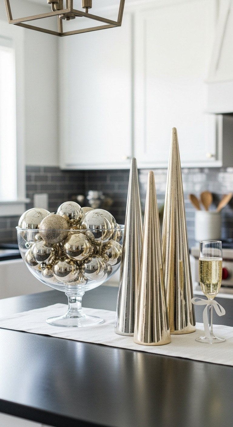 Elegant Christmas kitchen island display with gold silver white ornaments and metallic cone trees on dark quartz