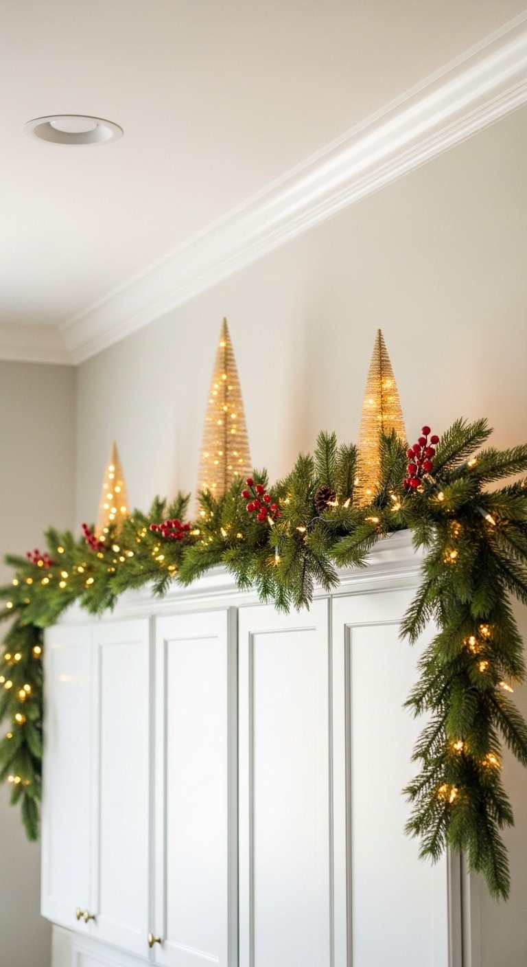 Elegant Christmas kitchen with festive pine garland warm lights and red berry picks draped across white cabinets with mini Christmas trees