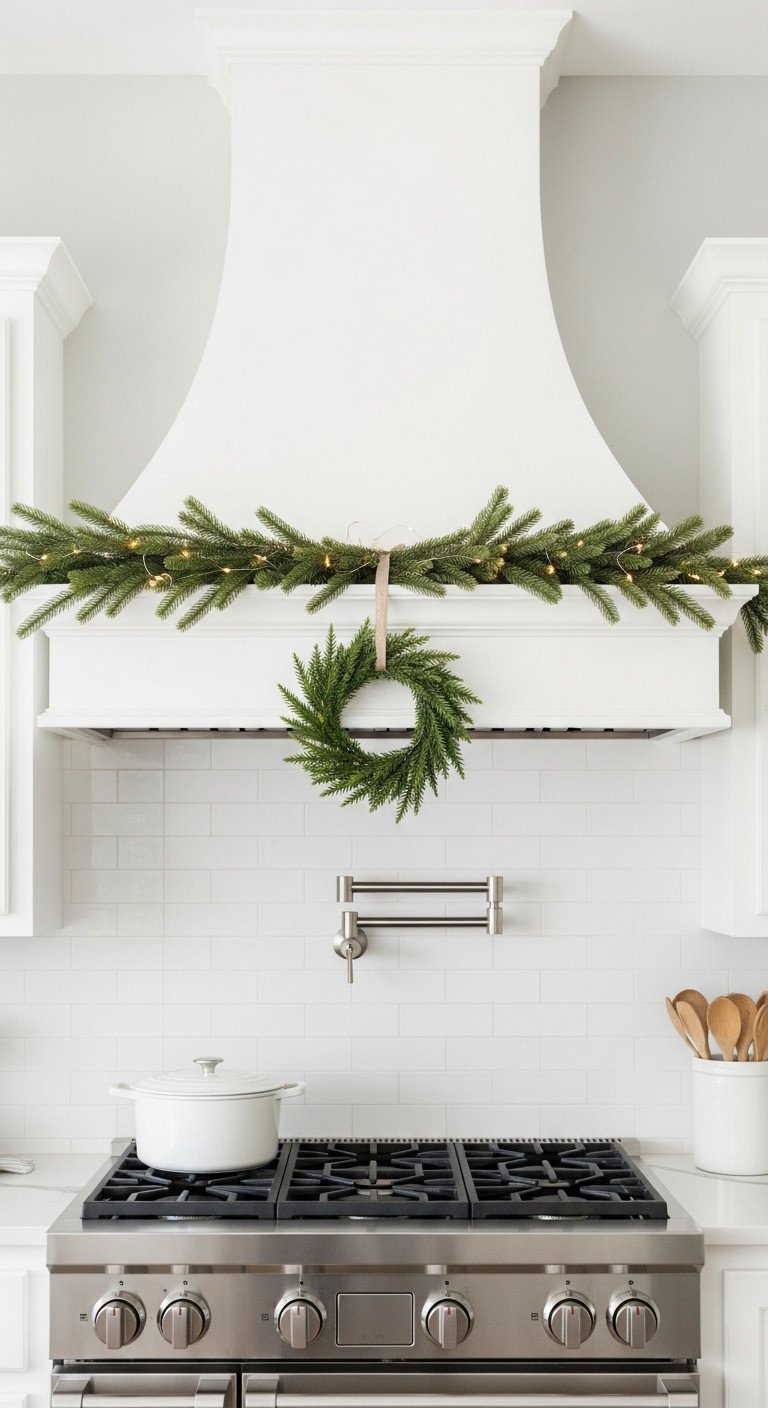 Elegant Christmas kitchen with garland and small wreath draped over a modern white range hood