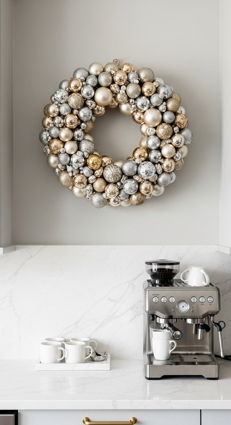Elegant Christmas kitchen with glamorous DIY ornament wreath in gold silver and champagne above a coffee bar