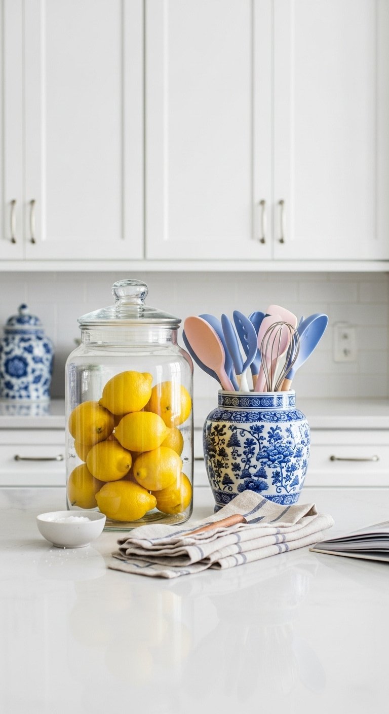 Elegant Coastal Grandmother kitchen: glass jar with lemons, blue & white ginger jar, and linen dish towels on white counter.
