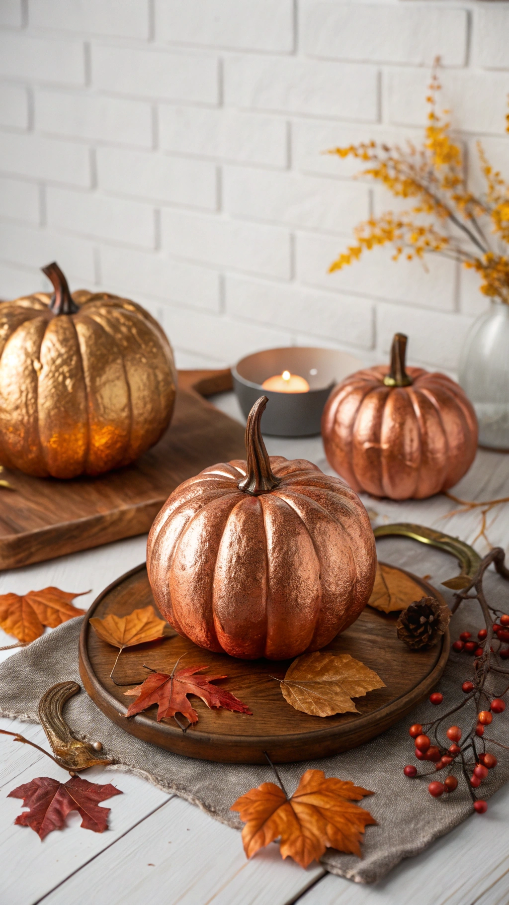 Elegant Halloween centerpiece with metallic copper leaf pumpkins and gourds on a slate tray with glowing votive candles and acorns