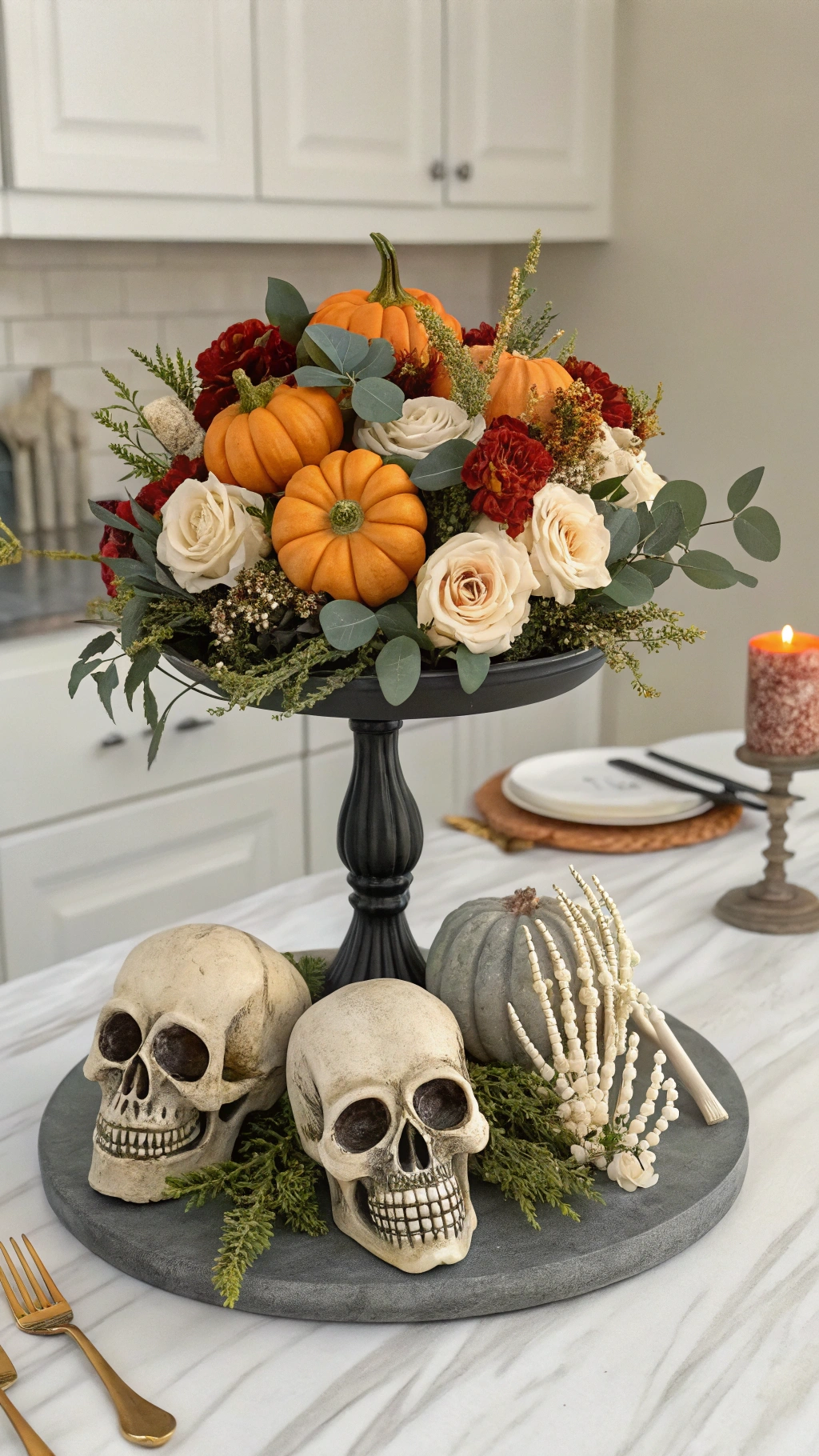 Elegant Halloween kitchen centerpiece with floral skull and skeleton hands holding candles on a rustic table in a blurred kitchen setting