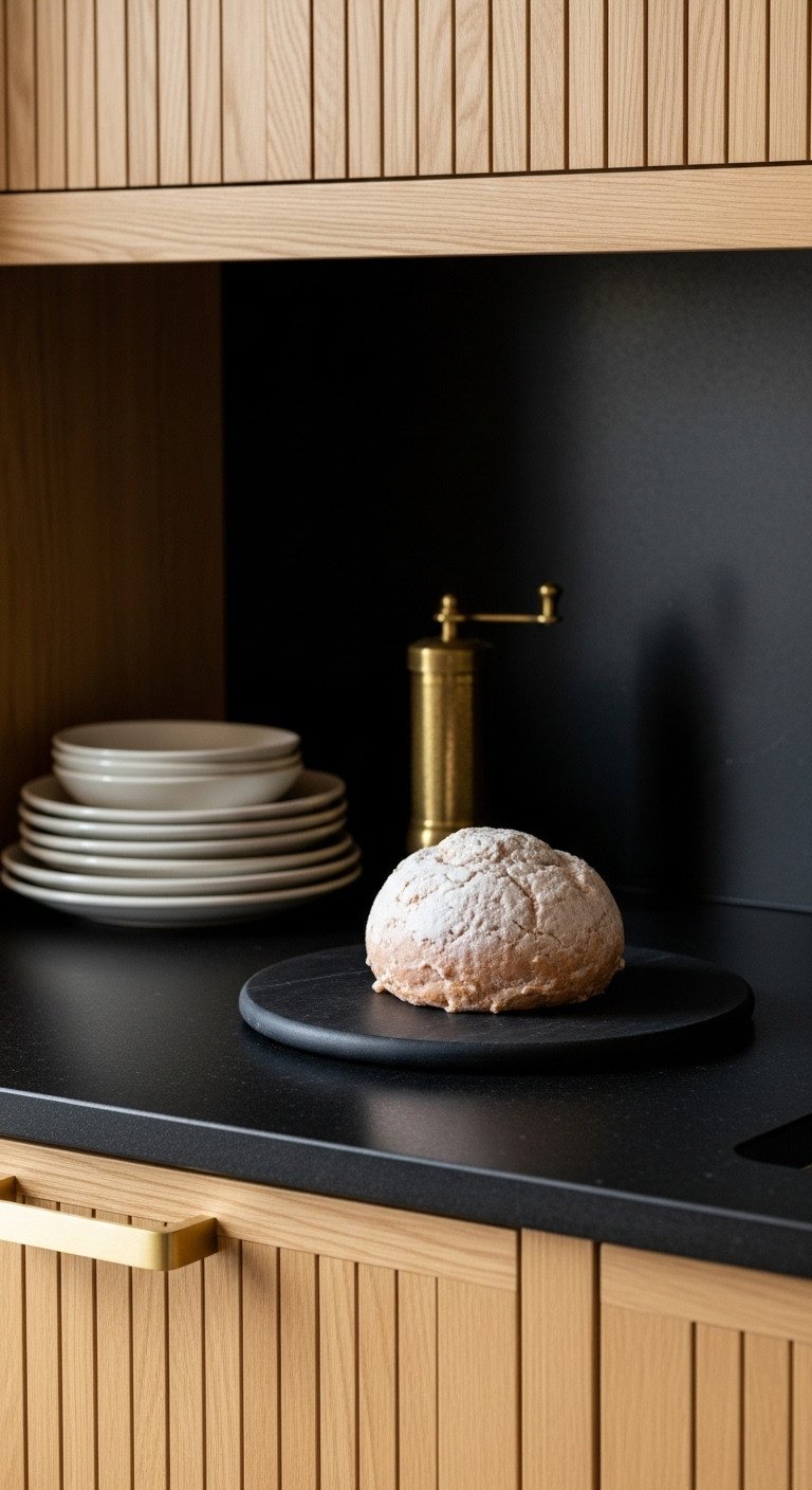 Elegant Japandi kitchen with honed black granite countertop light oak slatted cabinets ceramic plates and brass salt grinder in dramatic lighting