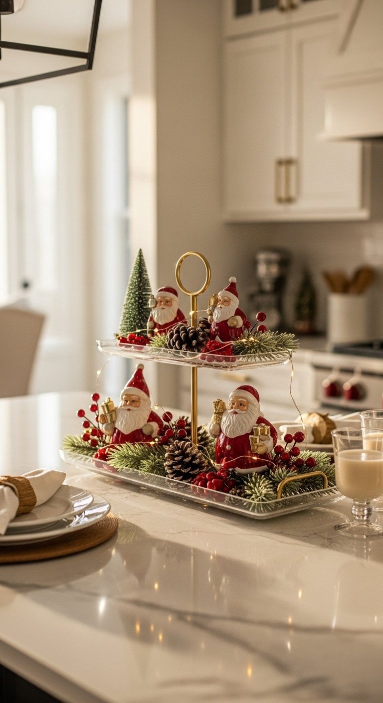 Elegant Santa centerpiece with figurines, pinecones, cranberries, LED lights on a kitchen island. Festive holiday decor in a modern setting.