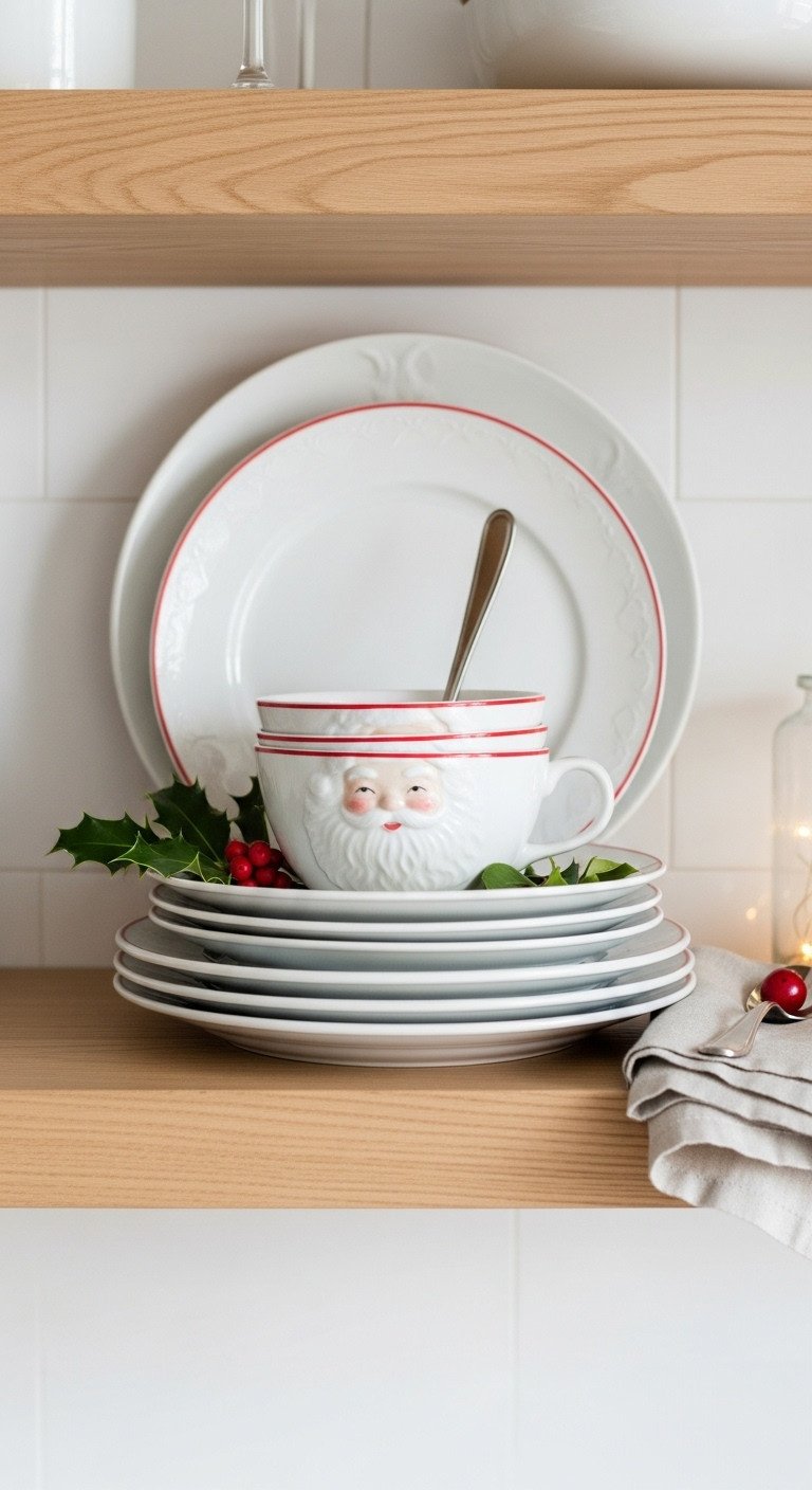 Elegant Santa-themed white ceramic dinner plates with holly displayed on open wooden kitchen shelves, ideal for festive holiday dining.