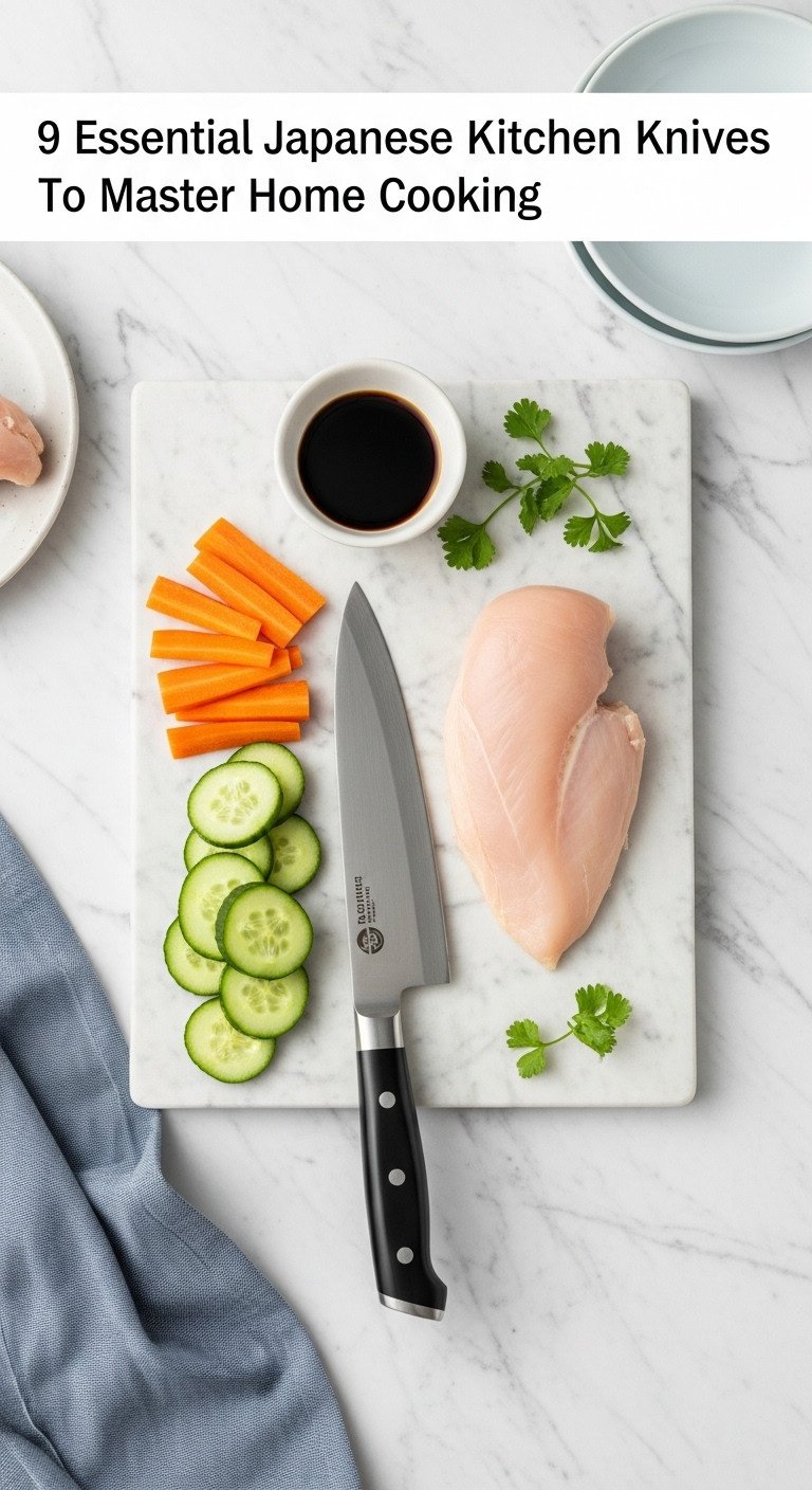 Elegant Santoku knife with Grantons beside uniform slices of cucumber carrot and chicken on a white marble countertop with soy sauce and herbs