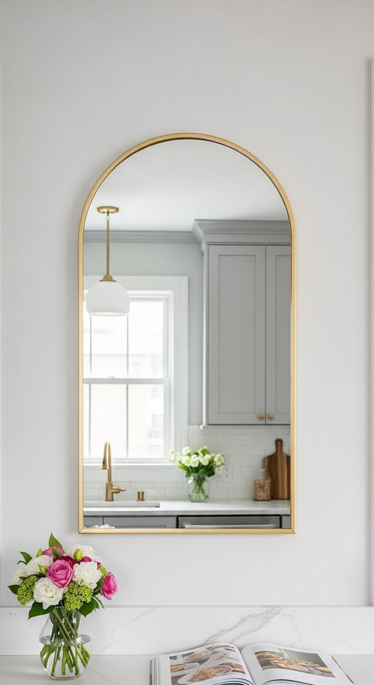 Elegant arched-top mirror with a gold frame reflects light in a windowless kitchen, creating depth and a spacious feel.