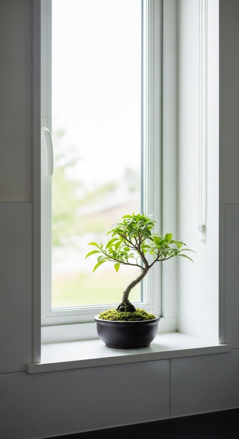Elegant bonsai tree in a dark ceramic pot on a kitchen windowsill with natural light