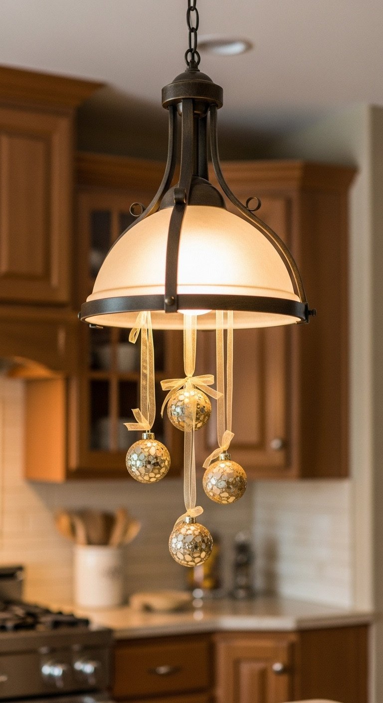 Elegant bronze pendant light over a kitchen island with dainty gold ball ornaments and sheer gold ribbon against oak cabinets