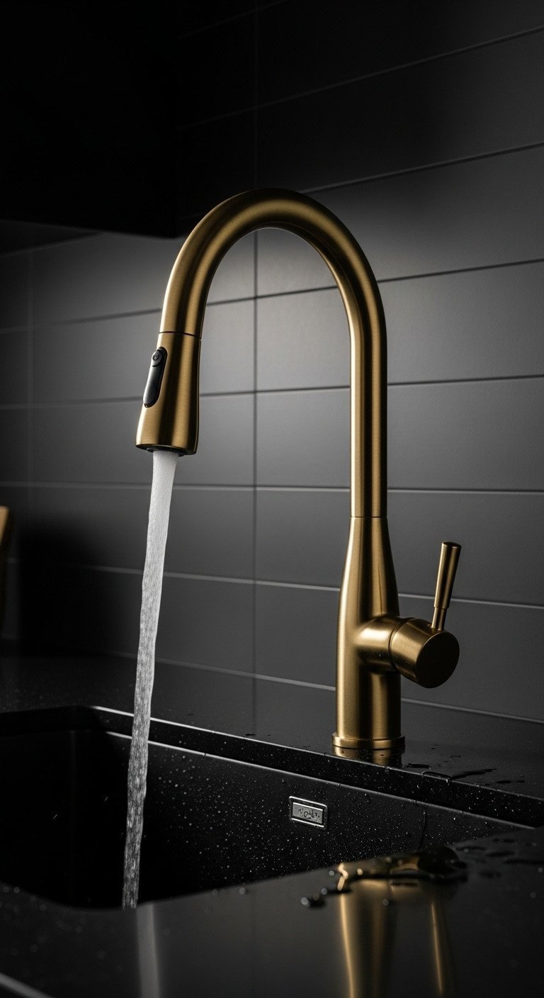 Elegant brushed gold pendant light with warm Edison bulb, hanging over a kitchen island against blurred black cabinetry.