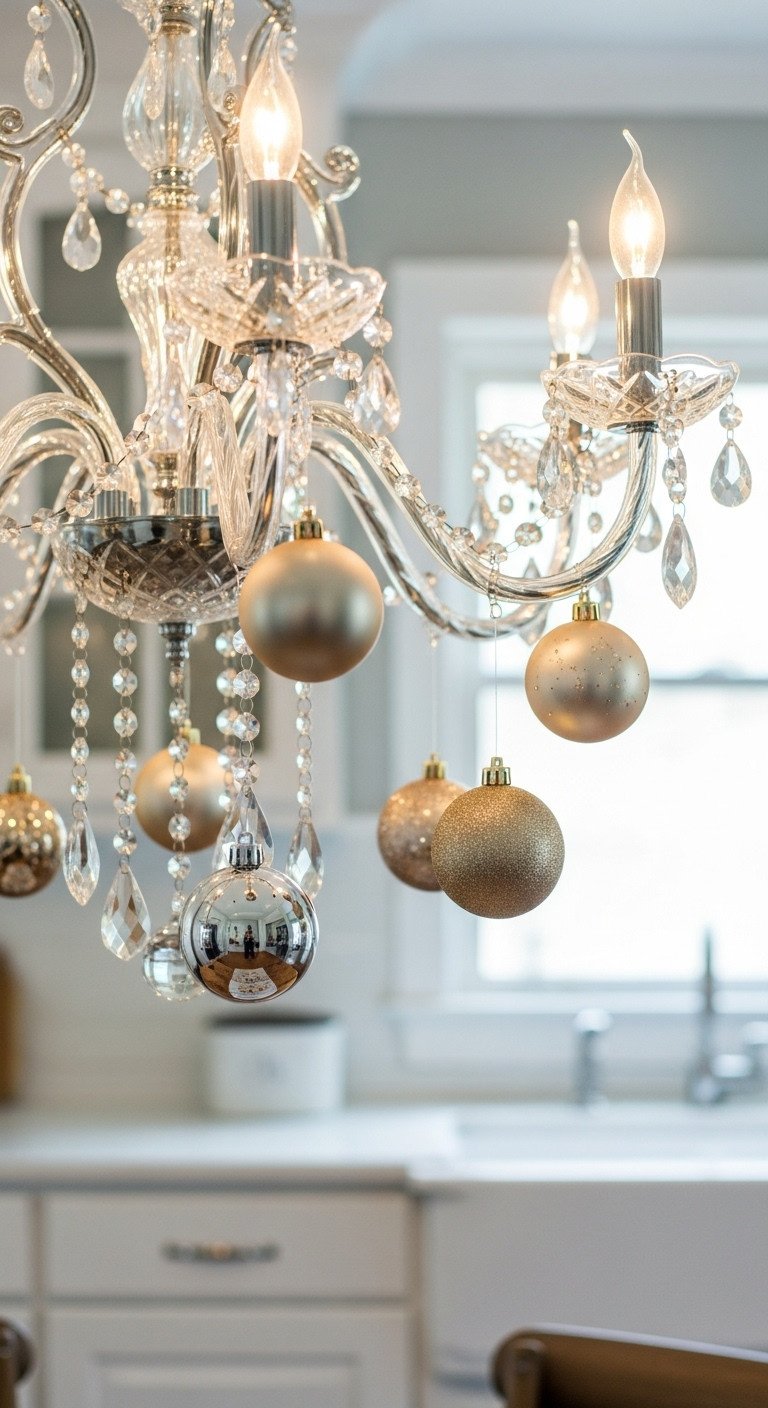 Elegant crystal chandelier with champagne gold and silver Christmas ornaments in a kitchen dining nook. Sophisticated holiday decor.