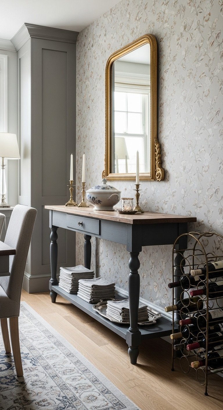Elegant dining area with charcoal gray vintage console table, ornate gold mirror, serving bowl, and candlesticks. Floral wallpaper.