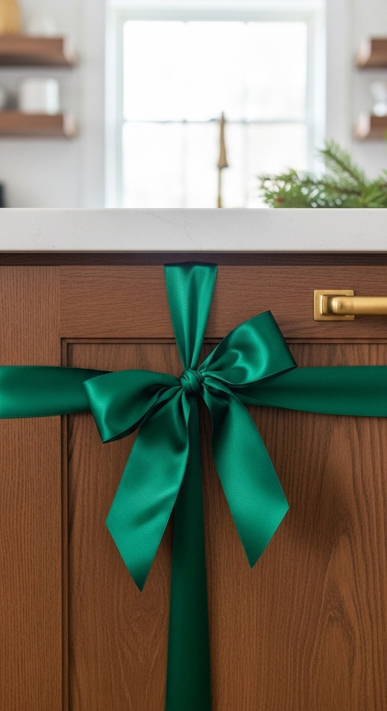 Elegant gift-wrapped ribbon bows emerald green satin dark wood kitchen cabinet festive sophisticated decor natural light