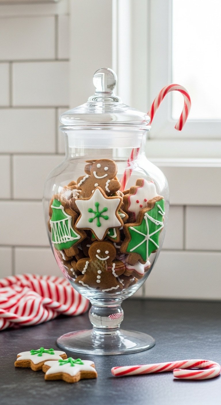Elegant glass apothecary jar filled with colorful Christmas cookies and a candy cane on a soapstone kitchen counter
