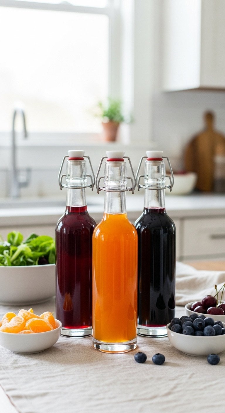 Elegant glass bottles of artisan fruit vinegars with fresh fruit on a linen tablecloth