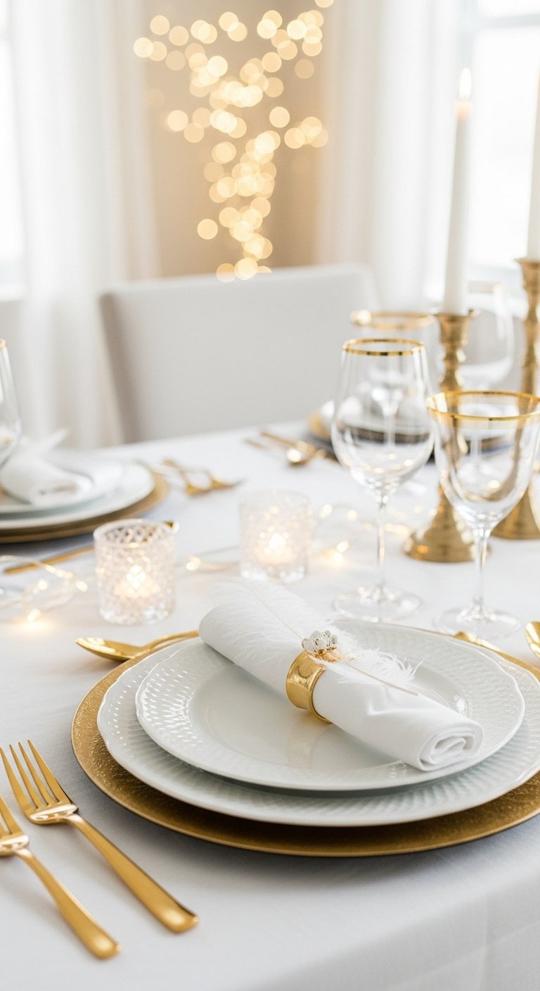 Christmas Table Decor Ideas To Inspire Every Style 3 Elegant gold and white Christmas table setting with layered plates, gold cutlery, white napkin, feather accent on linen.