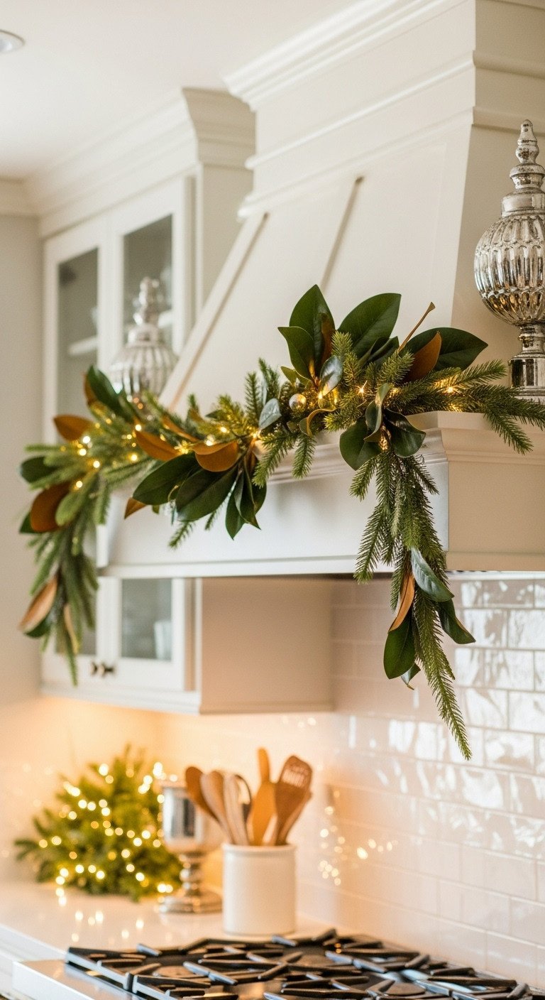 Elegant green and gold magnolia garland with twinkle lights draped across a white kitchen range hood