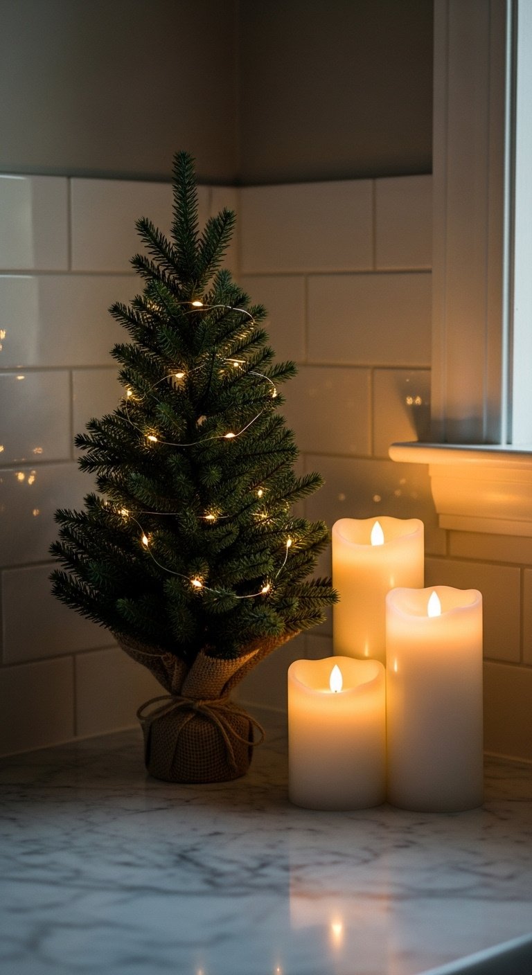 Elegant kitchen Christmas display: tabletop tree with fairy lights, white LED pillar candles on marble counter at dusk.