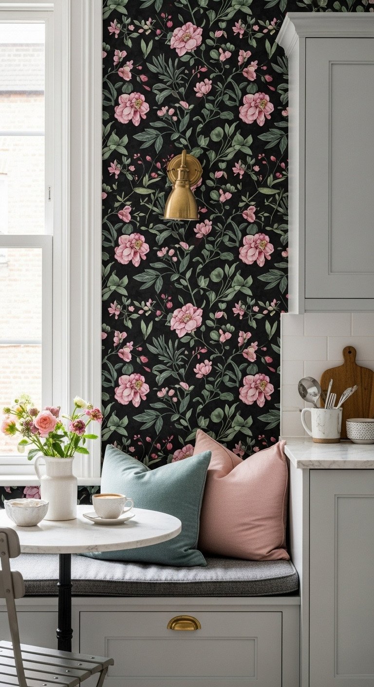 11 Colorful Apartment Kitchen Ideas To Add Personality 7 Elegant kitchen breakfast nook with dark floral peel-and-stick wallpaper featuring pink and green botanicals, cafe table, flower, coffee cup.