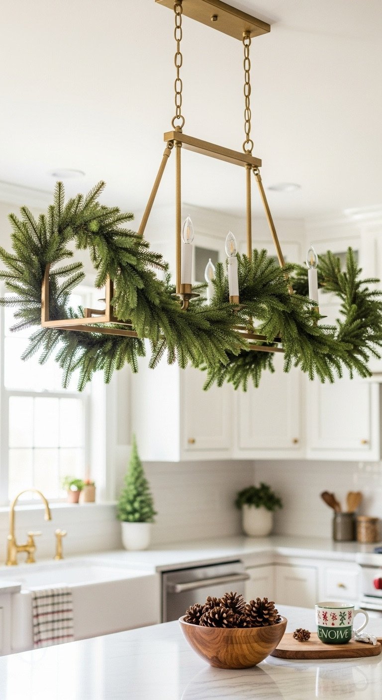 Elegant kitchen chandelier draped with realistic Norfolk pine garland over island soft bokeh background cozy holiday decor