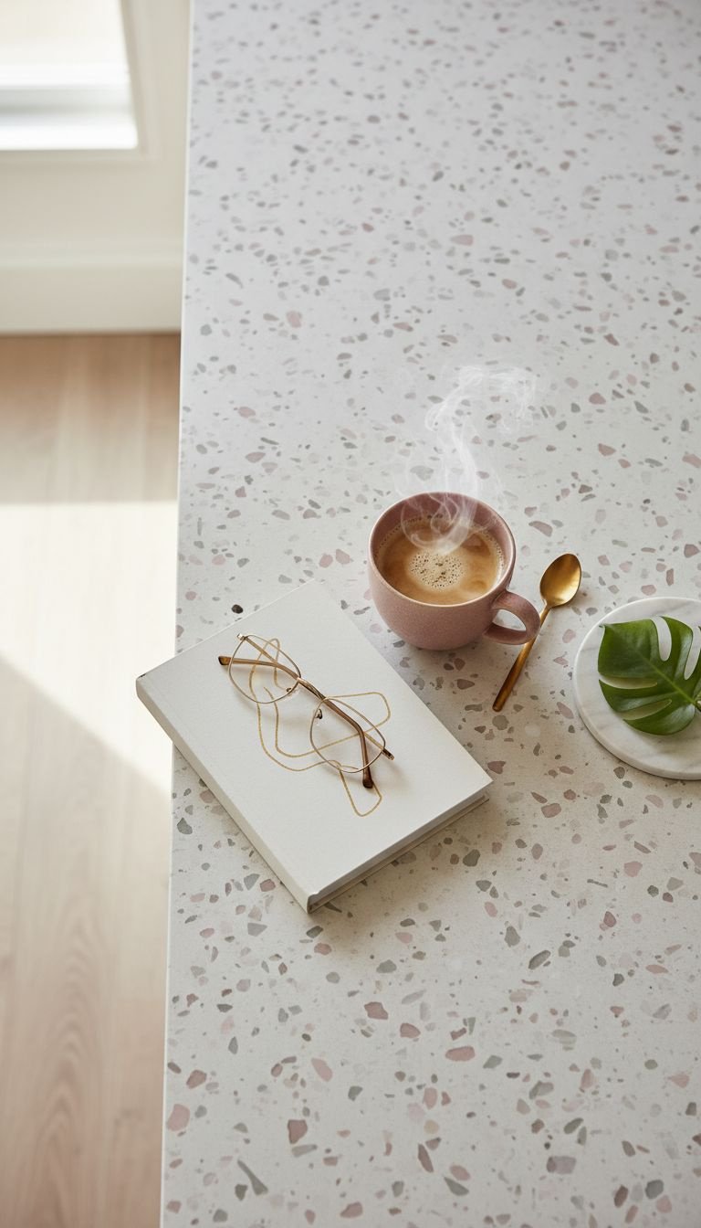 Elegant kitchen countertop with quartz-look peel-and-stick tiles, terrazzo pattern, stylish cookbook, gold glasses, and steaming mug.