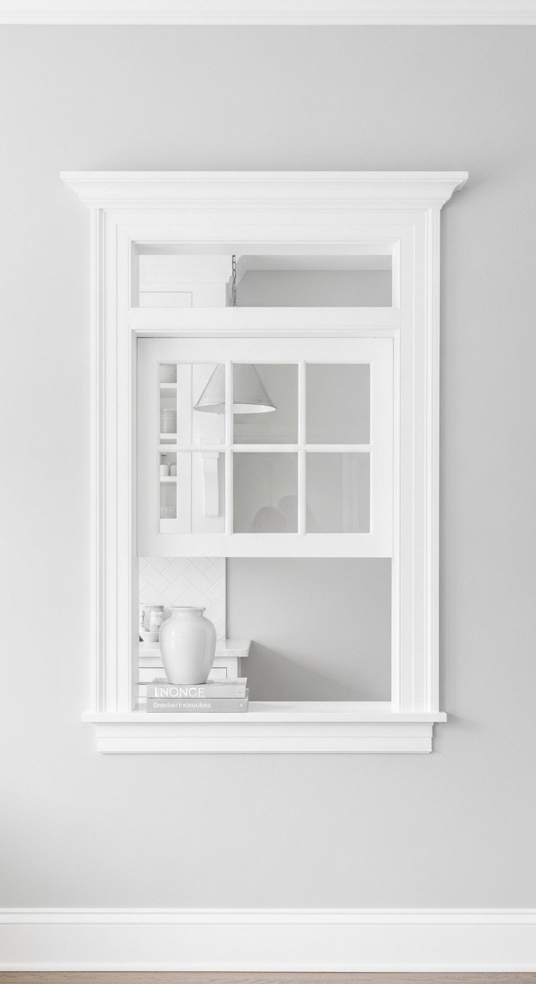 Elegant kitchen pass-through framed with white decorative molding, resembling an interior window. Simple vase. DIY home decor update.