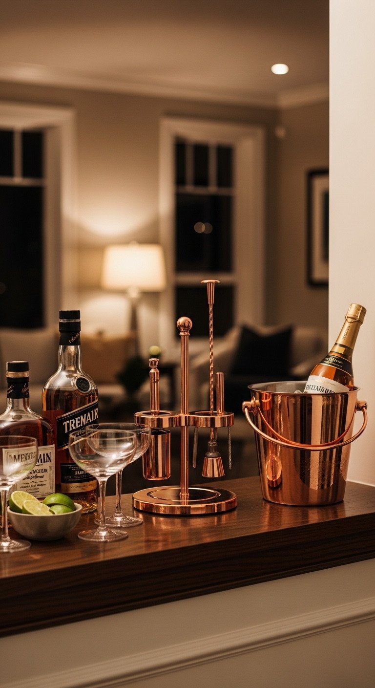 Elegant kitchen pass-through mini bar with liquor, copper bar set, ice bucket, glasses. Sophisticated DIY entertaining.