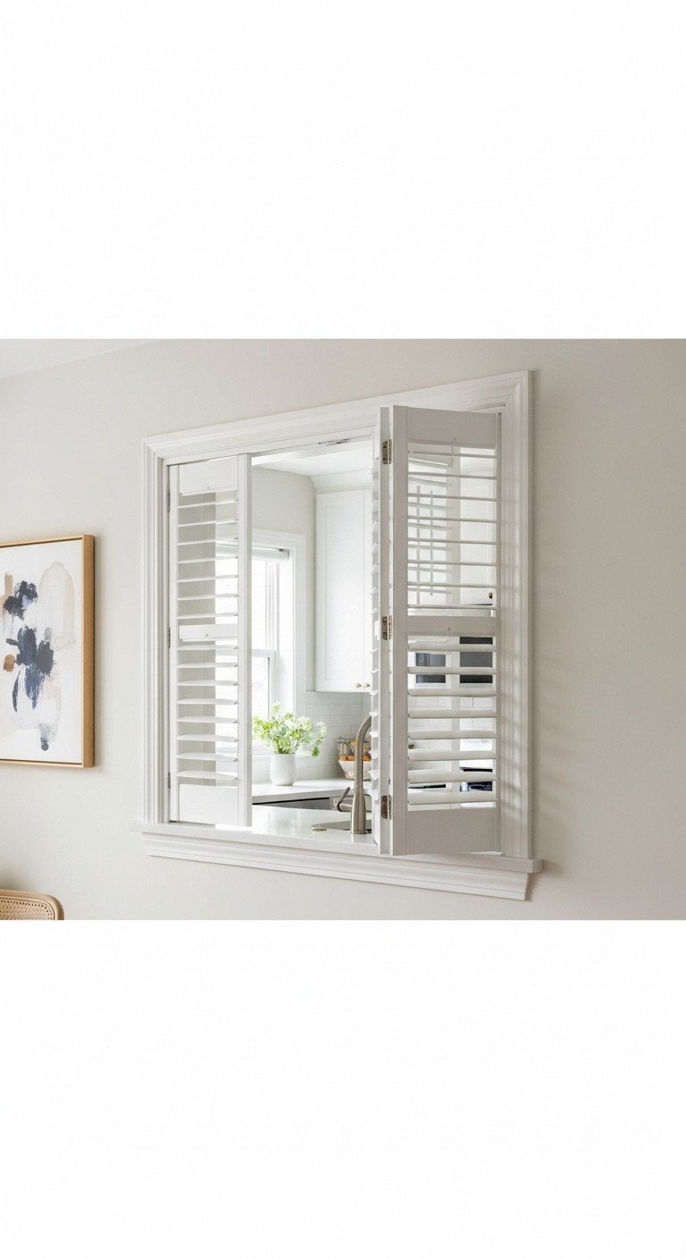 Elegant kitchen pass-through with chic white bi-fold plantation shutters, one ajar, showing a clean kitchen. DIY home decor idea.