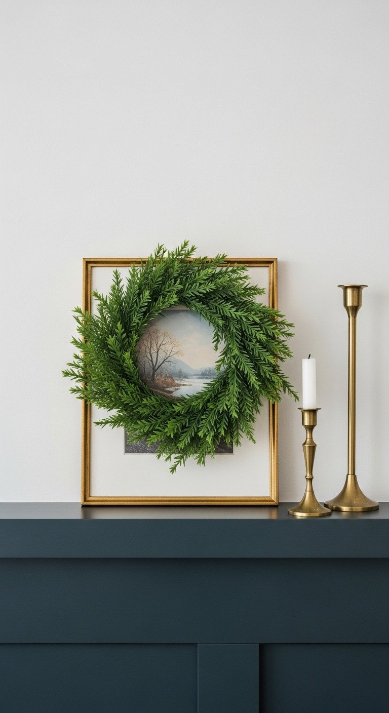 Elegant kitchen shelf with framed winter landscape art, a green wreath, and tall brass candlesticks on a dark navy shelf.