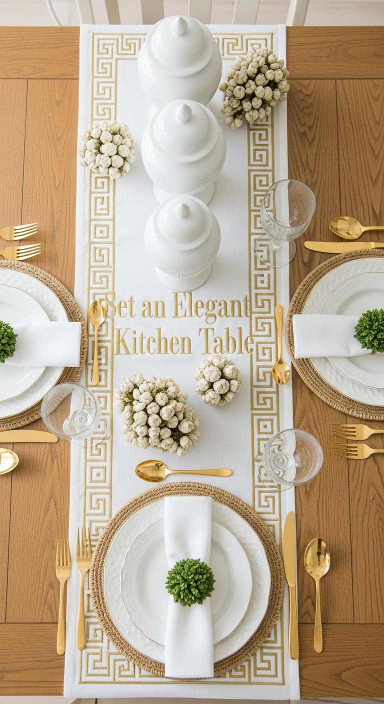 Elegant kitchen table set with white Greek key runner white dishes gold flatware and boxwood napkin rings
