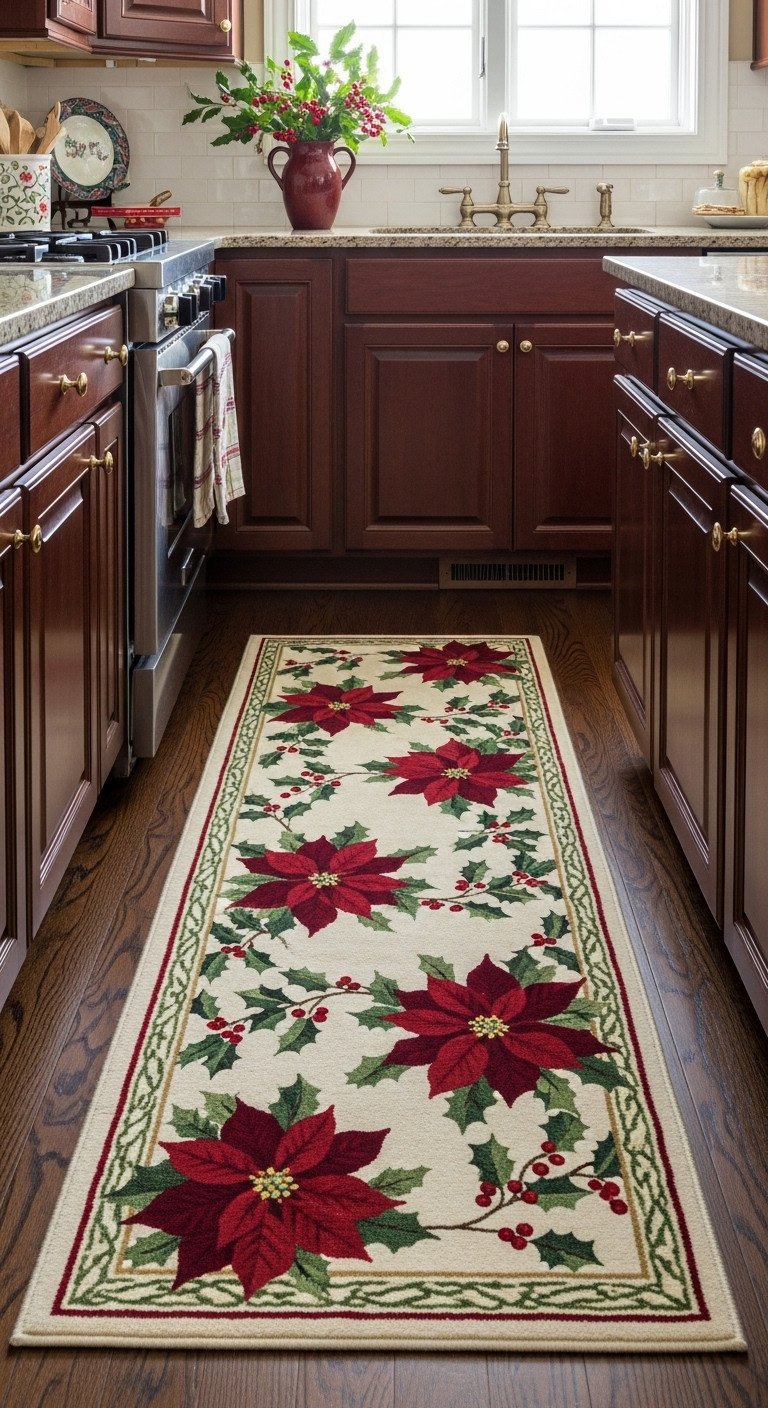 Elegant low-pile Christmas kitchen runner rug with poinsettia holly design on dark wood floor traditional kitchen decor