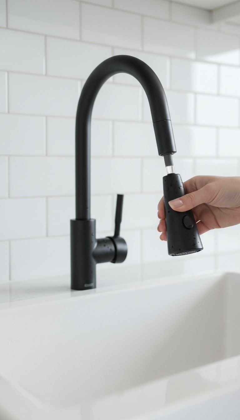 Brilliant Budget Apartment Kitchen Ideas That Look Expensive 13 Elegant matte black gooseneck kitchen faucet with pull-down sprayer. Sleek modern fixture for sophisticated kitchen design.