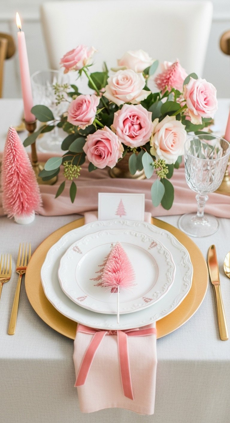 Elegant pink Christmas table setting with gold charger plates pink tree design gold cutlery and pink napkin