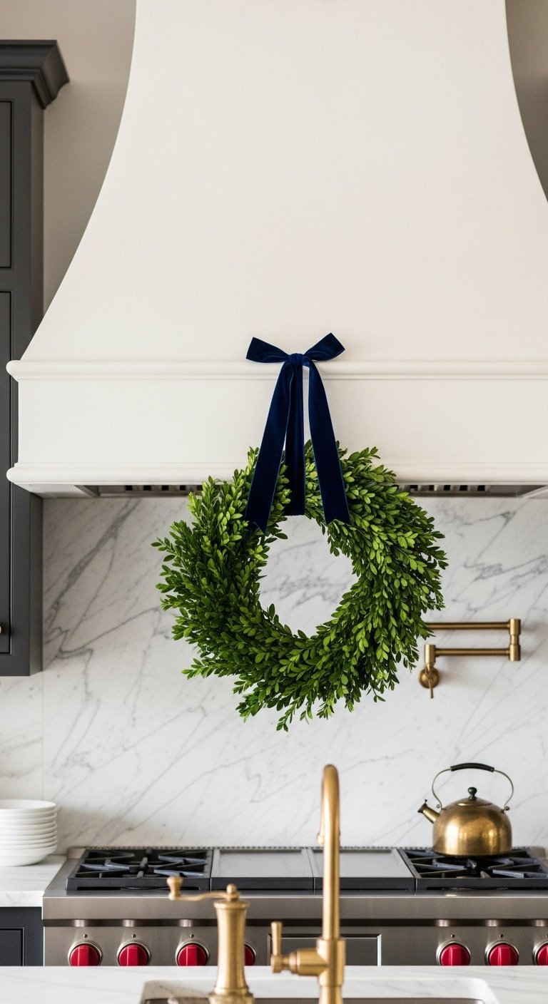 Elegant preserved boxwood wreath with a navy velvet ribbon hanging on a modern plaster range hood in a high-end Christmas kitchen