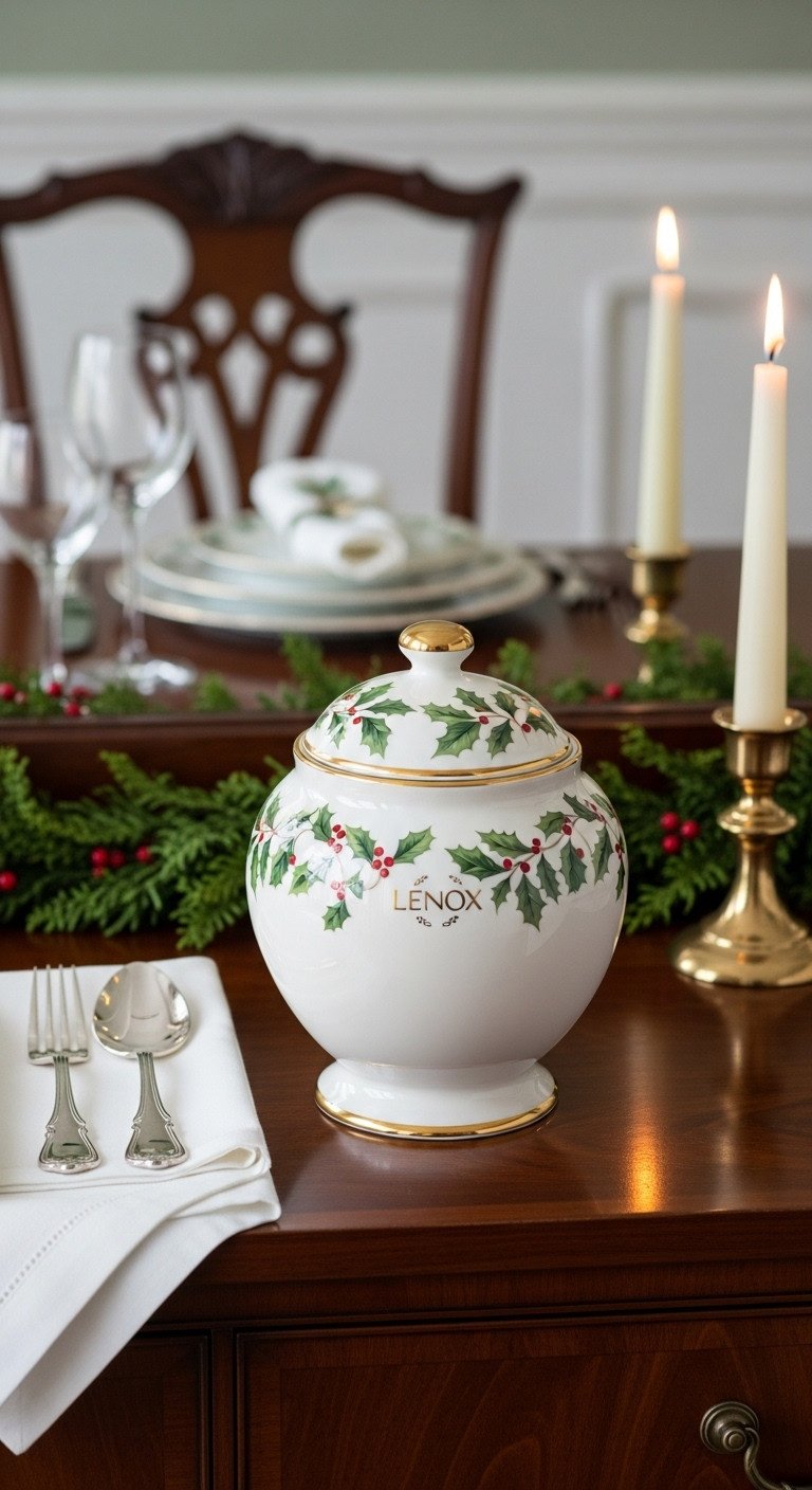 Elegant traditional dining room with a sophisticated Lenox Holiday cookie jar with holly berries and gold trim on a dark wood sideboard