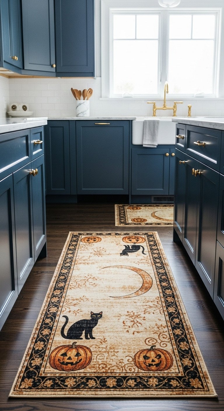 Elegant transitional kitchen with a vintage inspired Halloween runner rug featuring black cats crescent moons and old fashioned pumpkins