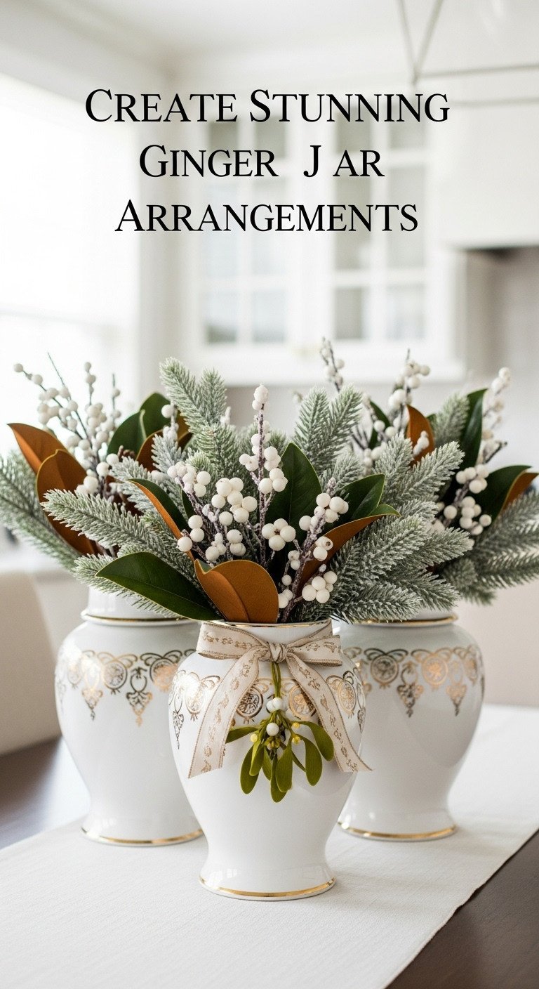 Elegant white and gold ginger jars with snowy pine white berries and gold magnolia leaves