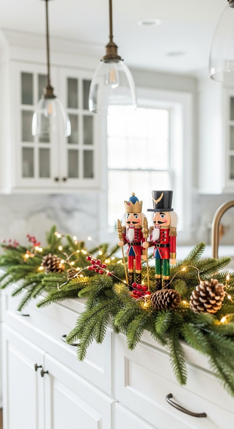Elegant white kitchen cabinets adorned with a lush evergreen garland, two traditional soldier nutcrackers, and warm fairy lights. Cozy Christmas kitchen decor with red berries and pine cones.