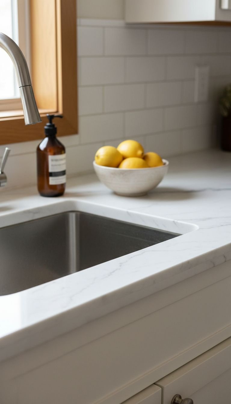Elegant white marble contact paper applied to a kitchen counter, showing subtle gray veining. Perfect for a DIY countertop makeover.